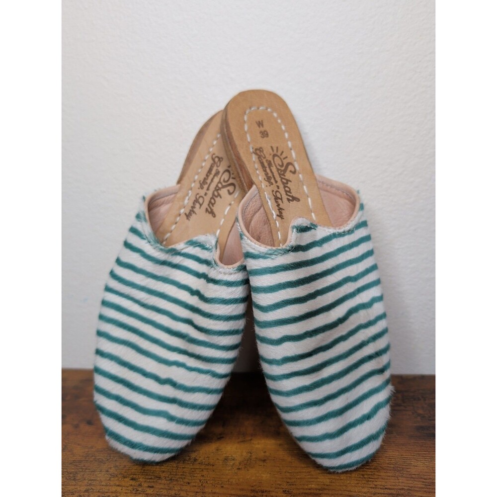 Sabah Women Cowhide Hair on Hide Babas Mules Green & White Striped EU 39
